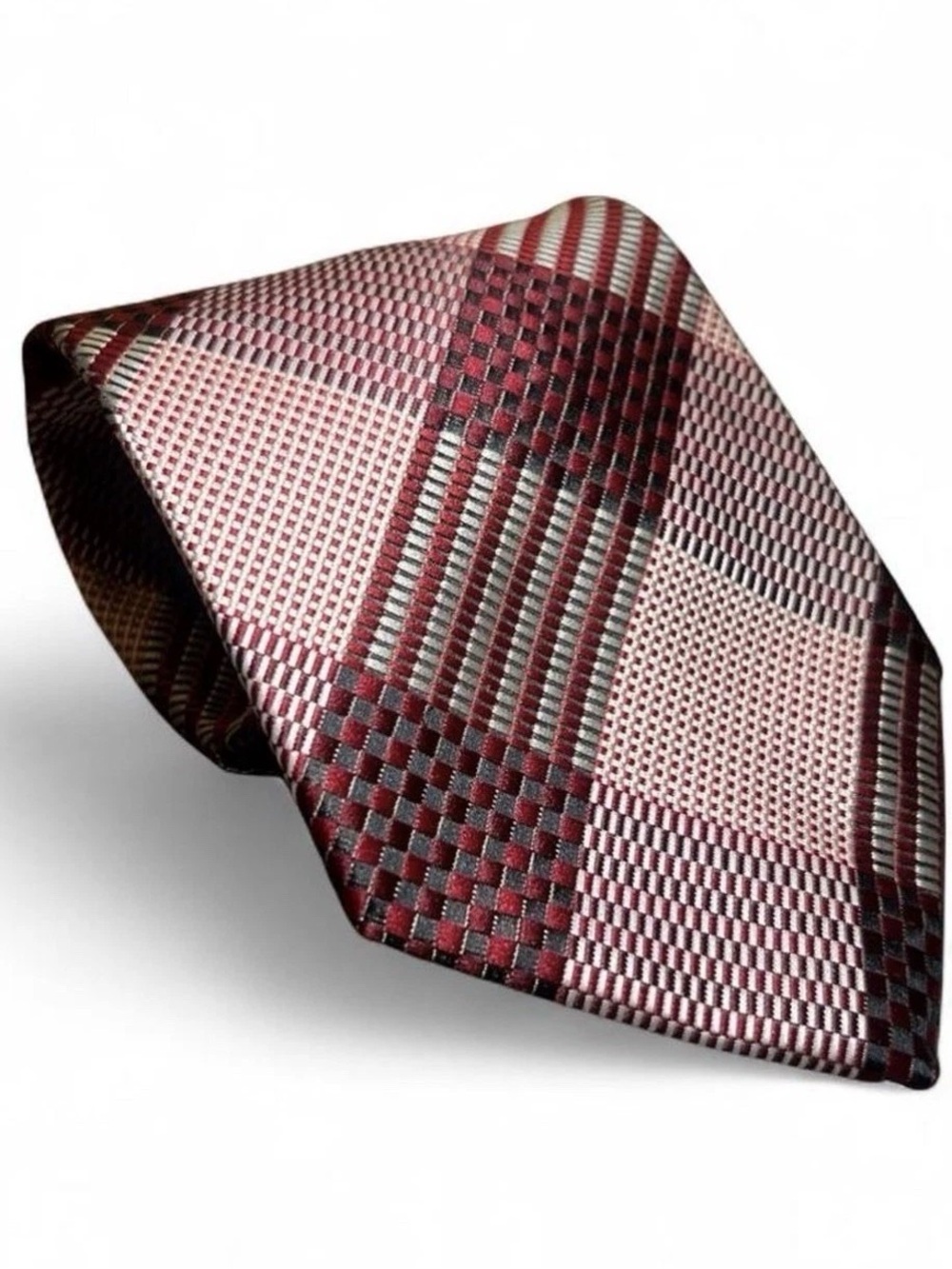 Vintage Burgundy Red Pink Plaid Check Polyester Necktie